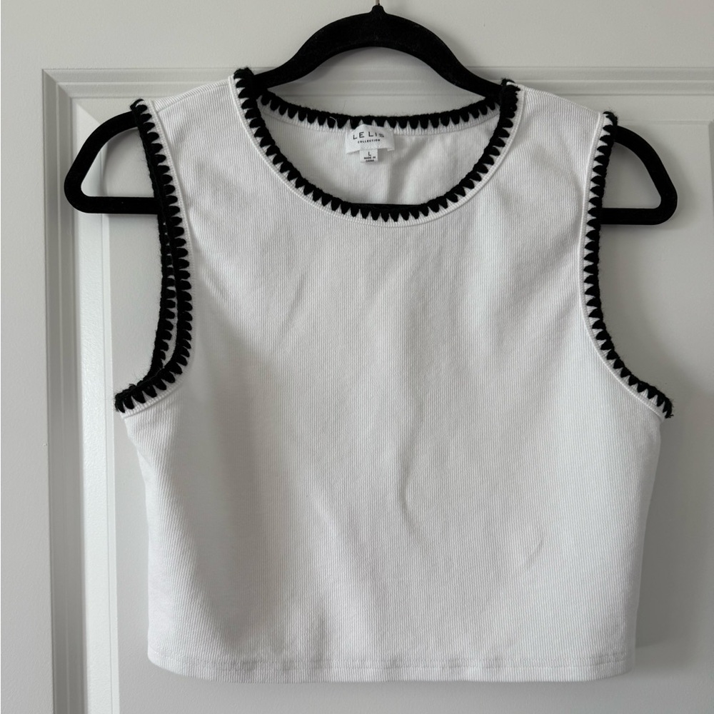 Le Lis White Tank Top with Black Crochet Detailing - L